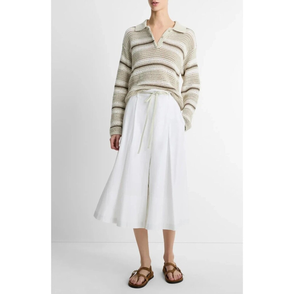 Elie Tahari womens Sage Green Striped Crochet Knit Polo Sweater size Large $285